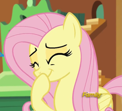 Size: 1141x1037 | Tagged: safe, screencap, fluttershy, pegasus, pony, tanks for the memories, cute, eyes closed, female, giggling, mare, raised hoof, shyabetes, smiling, solo