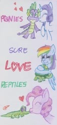 Size: 736x1608 | Tagged: safe, artist:creatrix-shyra, derpibooru import, gummy, pinkie pie, rainbow dash, rarity, spike, tank, dragon, earth pony, pegasus, pony, unicorn, crying, female, heart, kissing, male, shipping, simple background, sparity, straight, traditional art, white background