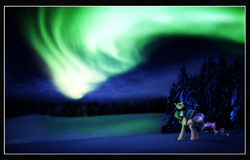 Size: 3373x2156 | Tagged: safe, artist:lova-gardelius, princess celestia, alicorn, pony, aurora borealis, candle, female, folded wings, forest, looking at something, looking up, mare, night, outdoors, saint lucy, snow, solo, tree, wings, wreath