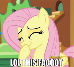 Size: 720x655 | Tagged: safe, screencap, fluttershy, pegasus, pony, tanks for the memories, faggot, giggling, image macro, meme, reaction image, slur, solo, vulgar