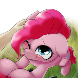 Size: 1000x1000 | Tagged: safe, artist:ushiro no kukan, pinkie pie, earth pony, human, pony, blushing, cute, diapinkes, female, floppy ears, hand, mare, nose wrinkle, one eye closed, outdoors, petting, solo, ushiro is trying to murder us