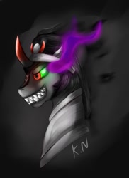 Size: 931x1280 | Tagged: safe, artist:11newells, derpibooru import, king sombra, pony, unicorn, bust, evil grin, portrait, profile, solo