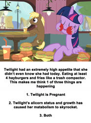 Size: 947x1274 | Tagged: safe, derpibooru import, edit, edited screencap, screencap, coco crusoe, twilight sparkle, twilight sparkle (alicorn), alicorn, pony, twilight time, analysis, background pony, drink, eating, food, hay burger, image macro, implied pregnancy, male, meme, overanalyzing, puffy cheeks, sitting, speculation, stallion, text, that pony sure does love burgers, theory, twilight burgkle, twilight slobble