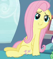 Size: 881x973 | Tagged: safe, screencap, fluttershy, pegasus, pony, tanks for the memories, lidded eyes, solo