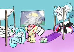 Size: 1000x700 | Tagged: safe, artist:wisheslotus, derpy hooves, fluttershy, oc, oc:chell, oc:kim, oc:rapid, oc:soulnami, oc:wishes, earth pony, pegasus, pony, unicorn, against glass, bed, book, female, flashlight (object), full moon, glass, looking up, magic, mare, moon, on back, prone, sleeping, sleeping bag, telekinesis, window