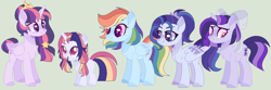 Size: 1310x434 | Tagged: safe, artist:nocturnal-moonlight, derpibooru import, rainbow dash, twilight sparkle, twilight sparkle (alicorn), oc, oc:astral moonlight, oc:starry aura, alicorn, pegasus, pony, unicorn, bow, female, filly, hair bow, lesbian, magical lesbian spawn, mare, offspring, parent:rainbow dash, parent:twilight sparkle, parents:twidash, shipping, simple background, twidash