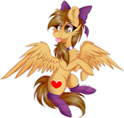 Size: 2105x1997 | Tagged: safe, artist:woonborg, oc, oc only, oc:joycie, pegasus, pony, :p, bow, cheek fluff, chest fluff, clothes, commission, digital art, ear fluff, female, hair bow, happy, high res, looking offscreen, looking to the left, mare, silly, simple background, socks, solo, spread wings, striped socks, thigh highs, tongue out, transparent background, wings