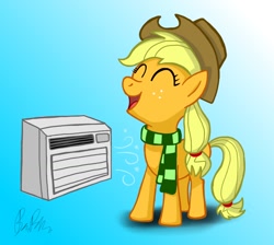 Size: 1024x918 | Tagged: safe, artist:petirep, applejack, earth pony, pony, air conditioner, clothes, cowboy hat, cute, gradient background, hat, scarf, signature, smiling, solo, stetson