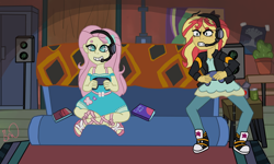 Size: 1500x900 | Tagged: safe, artist:snivyluv, fluttershy, sunset shimmer, better together, equestria girls, game stream, beanbrows, blushing, controller, converse, duo, eyebrows, female, headset, no pupils, scene interpretation, shoes, sitting, sneakers, sofa