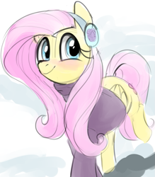 Size: 661x755 | Tagged: safe, artist:dotkwa, fluttershy, pegasus, pony, tanks for the memories, bottomless, clothes, cute, earmuffs, female, looking at you, mare, partial nudity, shyabetes, smiling, snow, solo, sweatershy