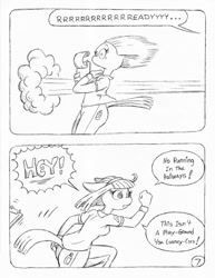 Size: 849x1100 | Tagged: safe, artist:circe, artist:steve budzinski, rarity, anthro, comic:soreloser, black and white, blue nile, comic, grayscale, monochrome, traditional art, zip lines