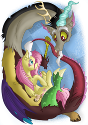 Size: 842x1191 | Tagged: safe, artist:darkestsunset, discord, fluttershy, pegasus, pony, cuddling, discoshy, female, male, shipping, simple background, snuggling, straight, tongue out, transparent background