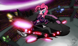 Size: 1024x613 | Tagged: safe, artist:eztp, pinkie pie, surprise, pony, bodysuit, hoverbike, neon, science fiction, tron