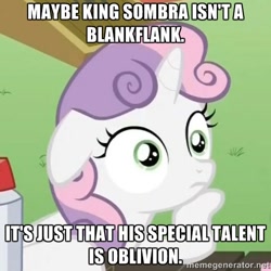 Size: 500x500 | Tagged: safe, derpibooru import, edit, edited screencap, screencap, king sombra, sweetie belle, pony, unicorn, the cutie re-mark, caption, cutie mark, exploitable meme, female, filly, horn, image macro, meme, obligatory pony, solo, sudden clarity sweetie belle, text, two toned mane, white coat, wide eyes