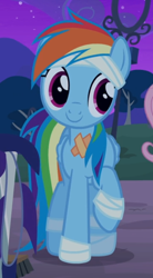 Size: 480x870 | Tagged: safe, derpibooru import, screencap, rainbow dash, pegasus, pony, newbie dash, bandage, cropped, cute, dashabetes, female, injured, mare, raised hoof, smiling