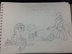 Size: 2937x2203 | Tagged: safe, artist:messenger, pinkie pie, oc, oc:tracy cage, earth pony, pony, /mlp/, /mlp/arty, anniversary, cake, caption, confetti, happy birthday mlp:fim, knife, mlp fim's fourth anniversary, monochrome, party cannon, pencil drawing, pow, sketch, smiling, speech bubble, traditional art, unamused