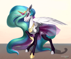 Size: 1280x1060 | Tagged: safe, artist:oneofyouare, princess celestia, alicorn, pony, clothes, raised hoof, skirt, solo, spread wings, stockings, tutu