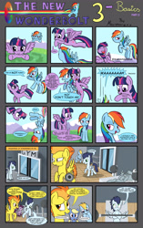 Size: 2700x4300 | Tagged: safe, artist:marmorexx, derpibooru import, rainbow dash, soarin', spitfire, twilight sparkle, twilight sparkle (alicorn), oc, alicorn, pegasus, pony, comic:the new wonderbolt, comic, female, gym, implied soarindash, mare