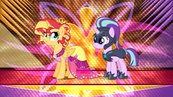 Size: 3840x2160 | Tagged: safe, artist:laszlvfx, artist:xebck, edit, starlight glimmer, sunset shimmer, alicorn, pony, unicorn, armor, clothes, dress, wallpaper, wallpaper edit