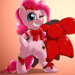 Size: 1000x1000 | Tagged: safe, artist:ushiro no kukan, pinkie pie, earth pony, pony, belly button, ribbon, solo, wink