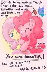 Size: 2500x3800 | Tagged: safe, artist:bugplayer, fluttershy, pinkie pie, butterfly, earth pony, pegasus, pony, duo, duo female, female, hug, mare, positive ponies