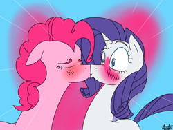 Size: 1024x768 | Tagged: safe, artist:hellhounds04, pinkie pie, rarity, earth pony, pony, unicorn, blushing, embarrassed, female, kissing, lesbian, raripie, shipping