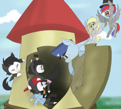 Size: 2000x1800 | Tagged: safe, artist:silbersternenlicht, derpy hooves, pony, animaniacs, dot warner, ponified, ralph t. guard, wakko warner, water tower, yakko warner