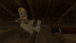 Size: 1280x720 | Tagged: safe, artist:roseomary, derpy hooves, equestria girls, 3d, barefoot, bikini, clothes, cute, feather, feet, foot focus, swimsuit, tickle torture, tickling