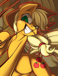 Size: 898x1181 | Tagged: safe, artist:kelcasual, applejack, earth pony, pony, evil grin, female, freckles, grin, hat, mare, rope, smiling, solo