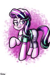 Size: 1280x1920 | Tagged: safe, artist:glomasy, starlight glimmer, pony, unicorn, beanie, blushing, clothes, equestria girls outfit, female, hat, mare, raised hoof, smiling