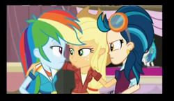 Size: 936x547 | Tagged: safe, derpibooru import, screencap, applejack, dj pon-3, indigo zap, rainbow dash, vinyl scratch, equestria girls, friendship games, hug