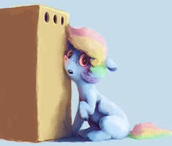 Size: 2235x1900 | Tagged: safe, artist:sharpieboss, derpibooru import, rainbow dash, pegasus, pony, box, raised hoof, simple background, sitting, solo