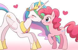 Size: 2000x1282 | Tagged: safe, artist:ryuu, pinkie pie, princess celestia, alicorn, earth pony, pony, blushing, cute, cutelestia, diapinkes, eyes closed, female, heart, lesbian, mare, nuzzling, pinkielestia, shipping, smiling