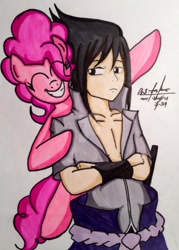 Size: 756x1057 | Tagged: safe, artist:mr-skyliner34, pinkie pie, earth pony, pony, crossover, frown, naruto, naruto hurricane chronicles, naruto shippuuden, smiling, traditional art, uchiha sasuke