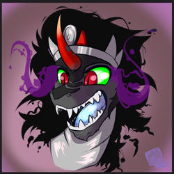 Size: 750x750 | Tagged: safe, artist:conmanwolf, derpibooru import, king sombra, pony, unicorn, blue tongue, bust, evil, fangs, male, open mouth, portrait, solo, stallion