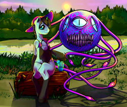 Size: 2763x2338 | Tagged: safe, artist:leastways, derpibooru import, oc, oc only, oc:iso, semi-anthro, beholder, clothes, forest, friendship, lake, mare x monster, monster, summer, swimsuit, tentacles