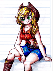 Size: 1500x2000 | Tagged: safe, artist:cosmicponye, applejack, human, belly button, clothes, daisy dukes, front knot midriff, humanized, midriff, obligatory apple, solo, traditional art