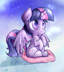 Size: 1600x1800 | Tagged: safe, artist:kyodashiro, derpibooru import, twilight sparkle, twilight sparkle (alicorn), alicorn, pony, cute, featured on derpibooru, female, mare, pillow, sitting, smiling, snow, snowfall, solo, spread wings, twiabetes