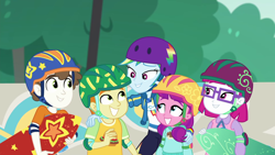 Size: 1920x1080 | Tagged: safe, derpibooru import, screencap, gallop j. fry, lily longsocks, little red, rainbow dash, super funk, equestria girls, equestria girls series, sic skateboard, spoiler:eqg series (season 2), background human, clothes, cute, female, geode of super speed, helmet, magical geodes, male, skateboard