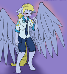 Size: 992x1100 | Tagged: safe, artist:kaemantis, derpy hooves, anthro, pegasus, unguligrade anthro, blushing, clothes, digital art, eyes closed, female, mailmare, mare, necktie, smiling, solo, uniform