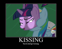 Size: 750x600 | Tagged: safe, derpibooru import, edit, screencap, rainbow dash, rarity, twilight sparkle, pegasus, pony, unicorn, dragon quest, demotivational poster, hub logo, hubble, implied kissing, implied lesbian, implied shipping, implied twidash, meme, the hub, you're doing it wrong