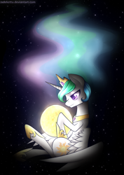 Size: 1024x1448 | Tagged: safe, artist:jadekettu, princess celestia, alicorn, pony, solo, space, stars, sun, tangible heavenly object