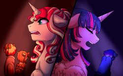 Size: 967x600 | Tagged: safe, artist:miamaha, sunset shimmer, twilight sparkle, twilight sparkle (alicorn), oc, oc:astral dusk, oc:eventide twister, oc:nova spark, alicorn, pony, dear evan hansen, magical lesbian spawn, offspring, parent:quarter hearts, parent:sunset shimmer, parent:tempest shadow, parent:twilight sparkle, parents:sunsethearts, parents:tempestlight