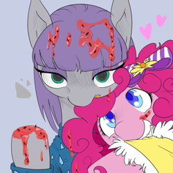 Size: 750x750 | Tagged: safe, artist:suzumaru, maud pie, pinkie pie, earth pony, pony, make new friends but keep discord, clothes, colored pupils, dress, duo, female, gala dress, heart, scene interpretation, siblings, sisters, watermelon