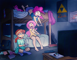 Size: 1100x850 | Tagged: safe, artist:kprovido, fluttershy, pinkie pie, sunset shimmer, human, adorasexy, backpack, barefoot, bunk bed, clothes, commission, cute, eyes on the prize, feet, female, gamer pinkie, gamer sunset, gamershy, humanized, mario kart, mario kart wii, midriff, nightgown, panties, pink underwear, room, sexy, shirt, shirt lift, sleepwear, socks, sunset gamer, tanktop, television, the legend of zelda, the pose, triforce, undershirt, underwear, video game, wii