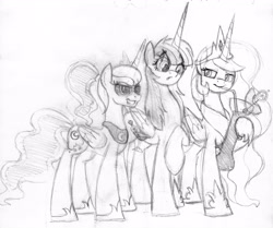 Size: 5036x4216 | Tagged: safe, artist:drawponies, princess celestia, princess luna, oc, oc:fausticorn, alicorn, pony, absurd resolution, alcohol, alicorn oc, sketch, sunglasses, traditional art