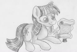 Size: 1024x691 | Tagged: safe, artist:inurantchan, derpibooru import, twilight sparkle, monochrome, solo, traditional art