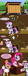 Size: 700x1908 | Tagged: safe, artist:solar-slash, pinkie pie, rarity, scootaloo, sweetie belle, earth pony, pony, unicorn, sisterhooves social, artifact, comic, mud, scootachicken, scootaloo is not amused