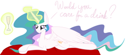 Size: 1264x552 | Tagged: safe, artist:ajrinxooacj, princess celestia, alicorn, pony, bronybait, champagne, levitation, magic, missing accessory, prone, solo, telekinesis