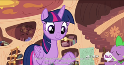 Size: 1152x610 | Tagged: safe, derpibooru import, screencap, spike, twilight sparkle, twilight sparkle (alicorn), alicorn, dragon, pony, twilight time, female, hub logo, mare, meme, youtube caption